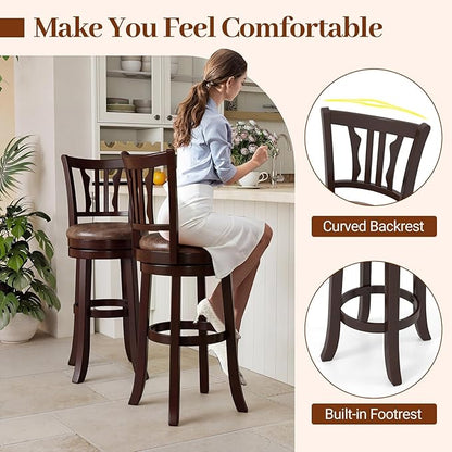 Giantex Swivel Bar Stools Set of 2, 30" Upholstered Bar Height Bar Chairs with Back, Faux Leather Seat, Solid Rubber Frame & Wrap-Around Footrest, Wooden Barstools for Kitchen Island, Pub