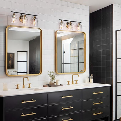 KSANA Black and Brass Vanity Light, Modern Black Gold Bathroom Light Fixtures with Water Textured Glass Shade, 3-Light Bathroom Lighting Over Mirror