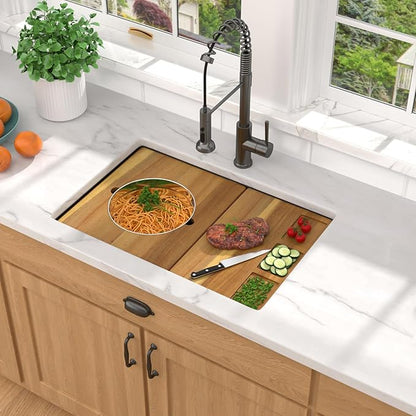 28 Black Undermount Kitchen Sink - Granite Composite Single Bowl Workstation All-In One Classic Quartz Kitchen Sink with Mixing Bowl, Pasta Strainer and Cutting Board #TLGU-127
