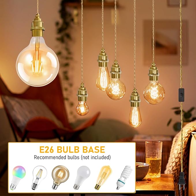 Gold Plug in Pendant Light Kit, Hanging Plug in Lights Fixture with Metal Ceramic E26 Socket, 11.5FT Hanging Lights Cord with On/Off Switch, Vintage DIY Pendant Lighting for Bedroom Kitchen