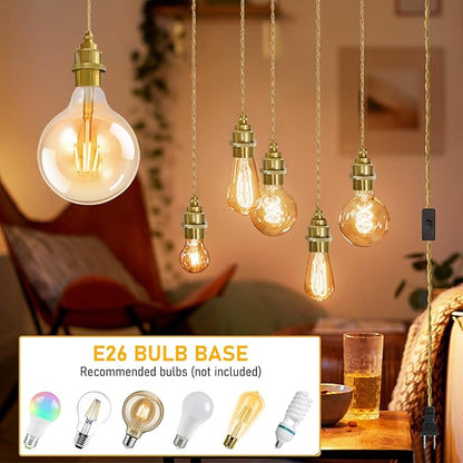 Gold Plug in Pendant Light Kit, Hanging Plug in Lights Fixture with Metal Ceramic E26 Socket, 11.5FT Hanging Lights Cord with On/Off Switch, Vintage DIY Pendant Lighting for Bedroom Kitchen