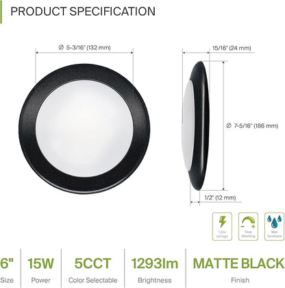 ASD 6 Pack LED Disk Lights 6 Inch, 15W 5CCT 2700K-5000K 1245LM CRI90+, Dimmable Flush Mount Ceiling Light Fixture, Low Profile Surface Mount Disc Lights, Junction Box or Recessed Can Install, ETL