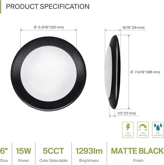 ASD 6 Pack LED Disk Lights 6 Inch, 15W 5CCT 2700K-5000K 1245LM CRI90+, Dimmable Flush Mount Ceiling Light Fixture, Low Profile Surface Mount Disc Lights, Junction Box or Recessed Can Install, ETL