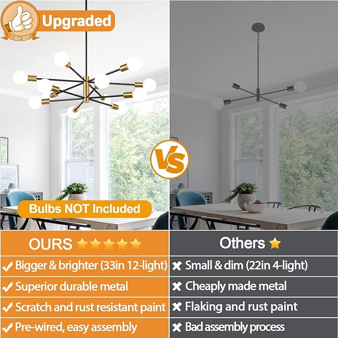 33" Modern Chandelier Ceiling Light Fixture, 12-Light Sputnik Chandeliers Brushed Gold and Black Mid Century Chandelier Over Table, Height Adjustable Chandeliers for Dining Room Living Room Kitchen