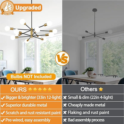 33" Modern Chandelier Ceiling Light Fixture, 12-Light Sputnik Chandeliers Brushed Gold and Black Mid Century Chandelier Over Table, Height Adjustable Chandeliers for Dining Room Living Room Kitchen