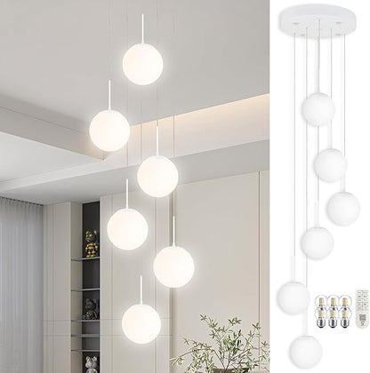 KoKo&Yukina Globe Pendant Light 6 Light White Globe Pendant Lights Kitchen Island Mid Century Light Fixture with Milky White Glass Shade Lights for Staircase