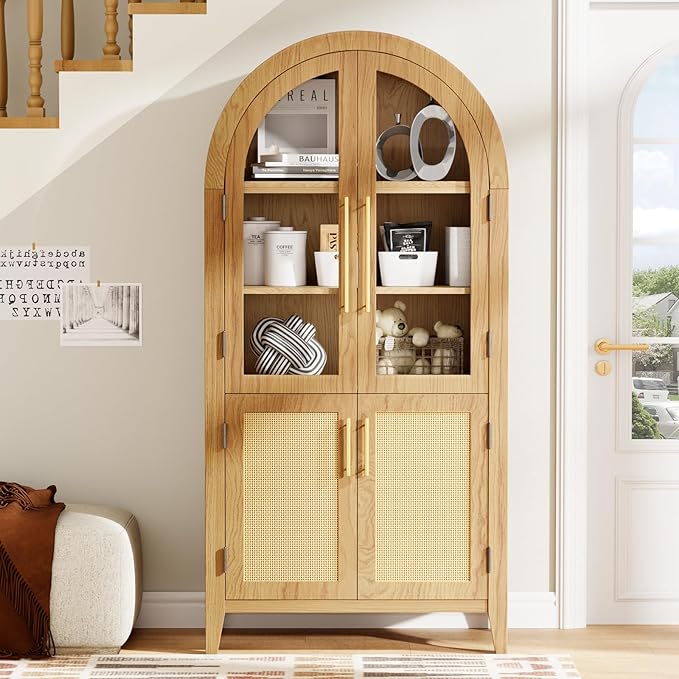63” Tall Arched Kitchen Pantry Cabinet, 5-Tier Modern Farmhouse Flute Pantry with Adjustable Shelves, Kitchen Storage Cabinet for Kitchen, Dining Room, Living Room, Oak