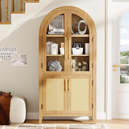 63” Tall Arched Kitchen Pantry Cabinet, 5-Tier Modern Farmhouse Flute Pantry with Adjustable Shelves, Kitchen Storage Cabinet for Kitchen, Dining Room, Living Room, Oak