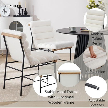 Modern Upholstered Dining Chairs Set of 2, White Sherpa Dining Room Chairs with Tufted Back & Cushion, Comfy Armless Boucle Kitchen Chairs with Black Metal Legs for Dinner Living Room