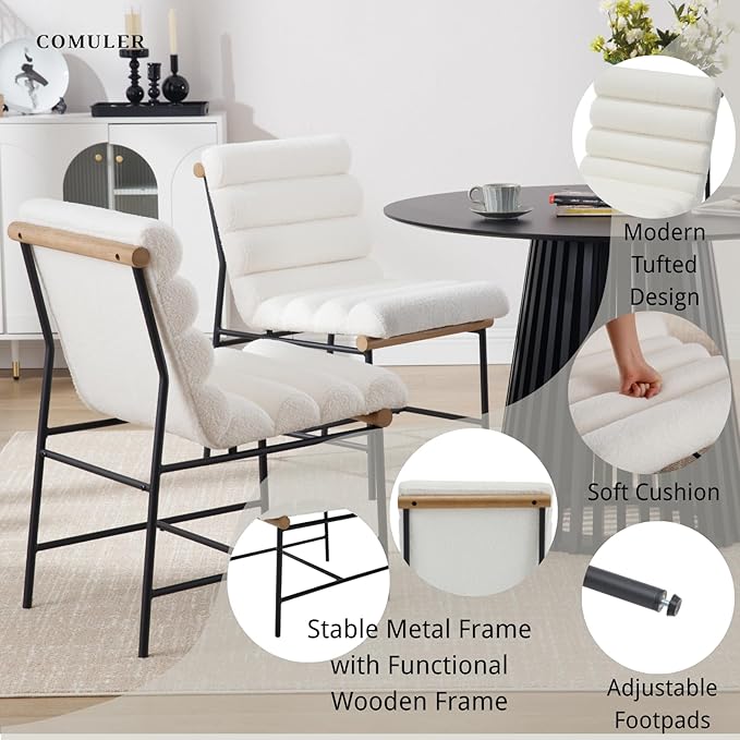 Modern Upholstered Dining Chairs Set of 6, White Sherpa Dining Room Chairs with Tufted Back & Cushion, Comfy Armless Boucle Kitchen Chairs with Black Metal Legs for Dinner Living Room