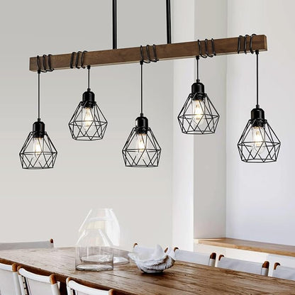 5-Light Kitchen Chandeliers Over Table, Farmhouse Black Dining Room Light Fixture, Linear Rustic Wood Ceiling Pendant Island Light Fixtures with Metal Lampshade, Height Adjustable