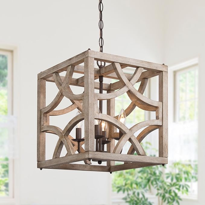 Farmhouse Chandelier, 4-Light Wood Chandeliers Rustic Metal & Distressed Wood Finish for Dining Room, Foyer, Kitchen Island