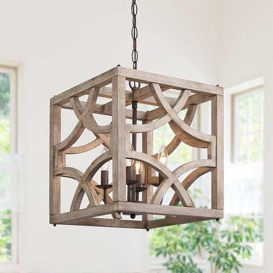 Farmhouse Chandelier, 4-Light Wood Chandeliers Rustic Metal & Distressed Wood Finish for Dining Room, Foyer, Kitchen Island