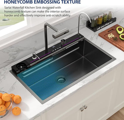 Sarlai Waterfall Kitchen Sink - 30 Inch Black Drop In Workstation Sink With Waterfall 33x19 Inch Black Stainless Steel 16 Gauge Multifunction Single Bowl Top Mount Kitchen Sinks with HoneyComb Finish