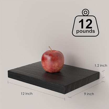 PopiShelves Small Floating Shelves for Wall - 12 x 9 Inch Black Shelves for Bedroom, Living Room, Bathroom, Kitchen, Office Decor Set of 3