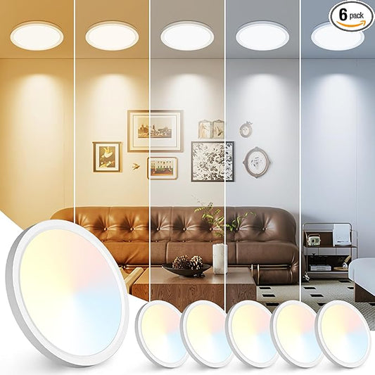 Peasur 7 inch LED Ceiling Light, 3000K/3500K/4000K/5000K/6500K Adjustable Flush Mount Light Fixture,1500LM 15W Thin White Round Lamp for Hallway Kitchen Bathroom Bedroom, 6Pack