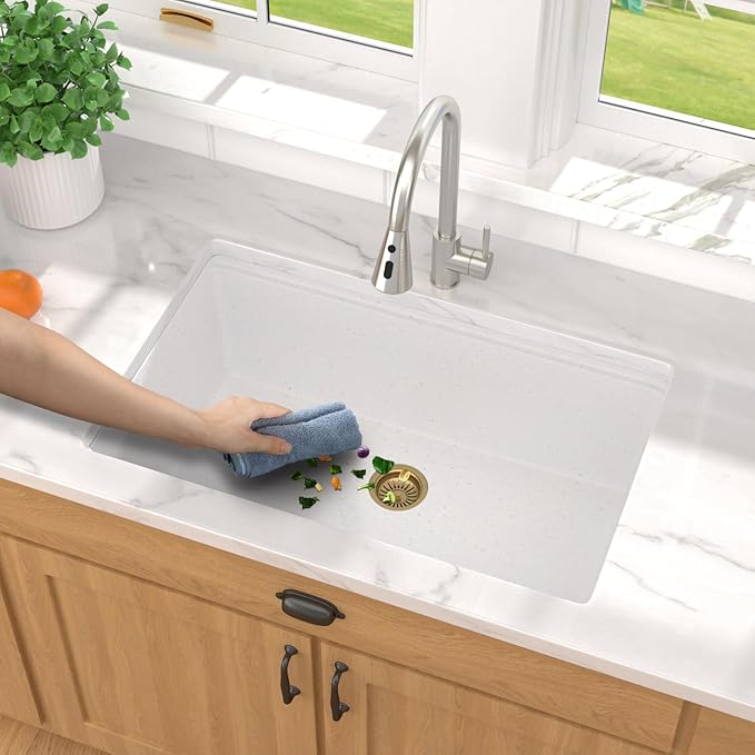 30 Inch Granite Composite Kitchen Sink - 30"x19" White Undermount Granite Kitchen Sink, Classic Quartz Single Bowl Workstation All-In One Sinks Basin for Modern Kitchens #TLGU-105