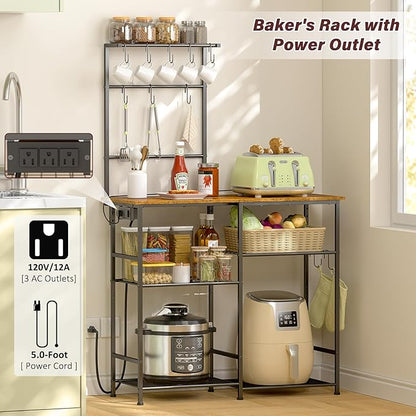 3IngSeagulls Bakers Rack with Power Outlet, Kitchen Microwave Stand with 10 S-shaped Hooks, 6-Tier Coffee Bar Station, Kitchen Storage Shelf Rack for Spices, Pots, Rustic Brown