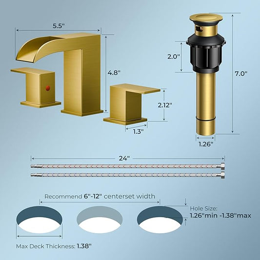 QFN Brushed Gold Bathroom Faucet 3 Hole, 8 Inch Widespread Square Bathroom Sink Faucet with Metal Pop-up Drain and 24" CUPC Supply Line, Lead-Free 2 Handles for Vanity, Restroom, Lavatory and Mall