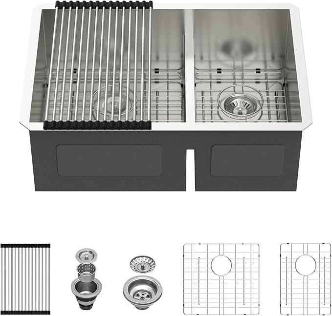 28 Inch Undermount Double Bowl Kitchen Sink 16 Gague 304 Stainless Steel Double Handmade Sinks 60/40 Large Deep Double Bowl Sinks 28"x19"x10"