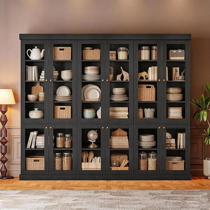 70.8" Farmhouse Kitchen Pantry Cabinet with Glass Doors, Modular Storage Cabinet with 6-Tier Adjustable Shelves, Large Storage Cabinet for Kitchen or Living Room, Set of 3, Black