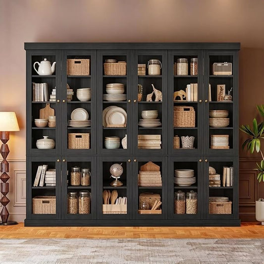 70.8" Farmhouse Kitchen Pantry Cabinet with Glass Doors, Modular Storage Cabinet with 6-Tier Adjustable Shelves, Large Storage Cabinet for Kitchen or Living Room, Set of 3, Black