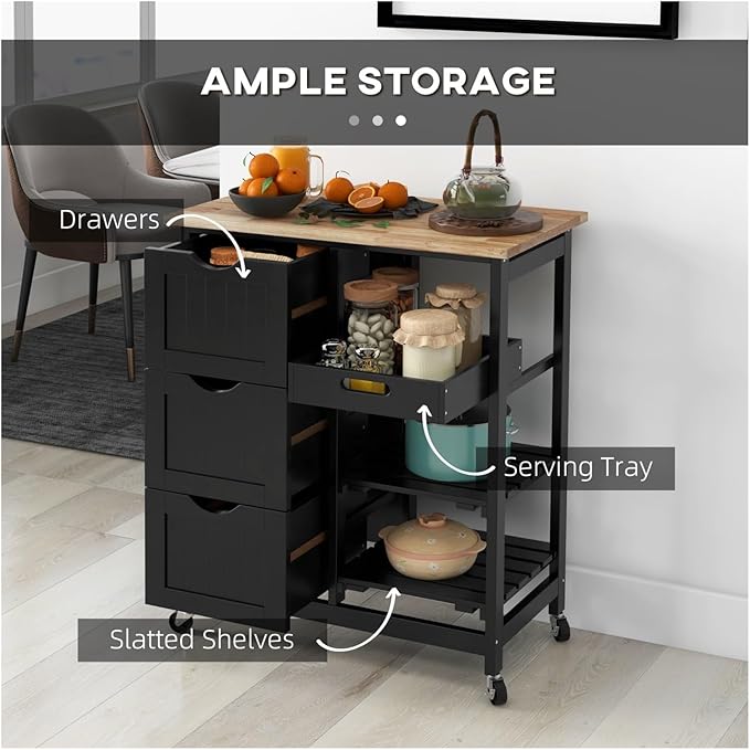 Rolling Kitchen Island Cart, Compact Trolley On Wheels with Top, Shelves & Drawers for Home Dining Area, Black,Multi-Purpose