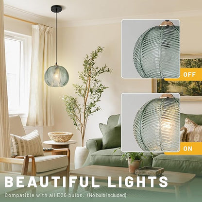 Green Glass Globe Pendant Light Fixture, Mid Century Modern Adjustable Height Hanging Pendant Lighting, Vintage Pendant Lamp for Kitchen Island Dining Room Living Room Bedroom