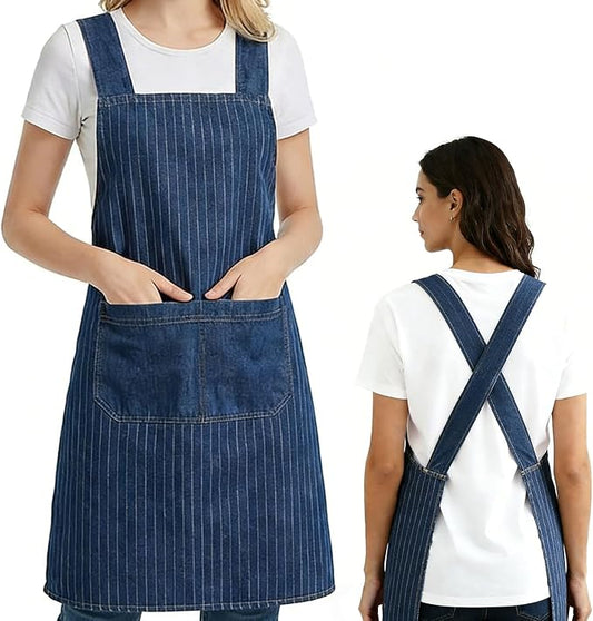 Adult Jour Apron, Lightweight Cotton Apron with Front Pocket, Denim Cross Back Aprons, Durable & Stain-Resistant