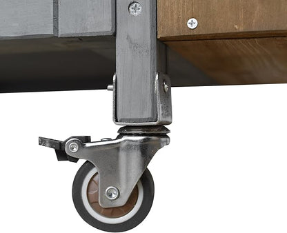 MERITLINE Foldable Outdoor Kitchen Island with Stainless Steel Top & Fir Wood Frame, Adjustable Hidden Shelf & Two-Tier Rack, Lockable Casters for Patio, Garden, Balcony, Espresso + Grey