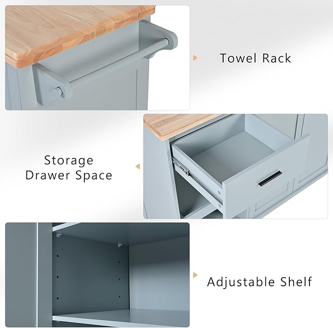 Rolling Kitchen Island Cart with Foldable Counter Top,Slide-Out Shelf and Lockable Wheels,Towel Rack and Drawer,for Kitchen Living Room Dining Room (Grey Blue@y)