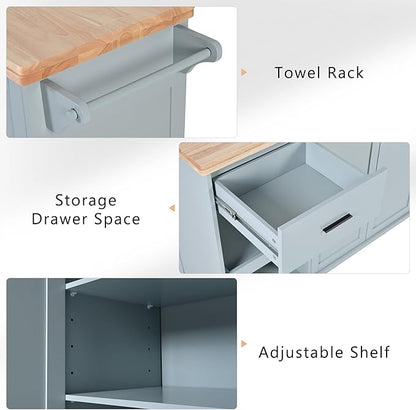 Rolling Kitchen Island Cart with Foldable Counter Top,Slide-Out Shelf and Lockable Wheels,Towel Rack and Drawer,for Kitchen Living Room Dining Room (Grey Blue@y)