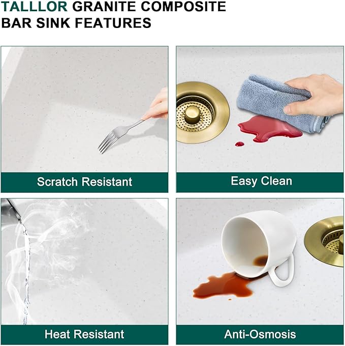 17"x17" White Undermount Bar Sink - Granite Composite Single Bowl Classic Quartz Under Counter Sink for RV, Kitchen Bar, Boat, and Outdoor #TLGU-133