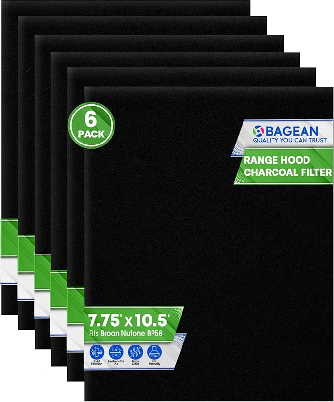 Range Hood Charcoal Filter 7.75” x 10.5” - Fits Broan and Nutone BP58 For 43000 Series Range Hoods - Broan Range Hood Filter Replacement - Carbon Stove Vent Fan Filters Removes Kitchen Odors (6-Pack)