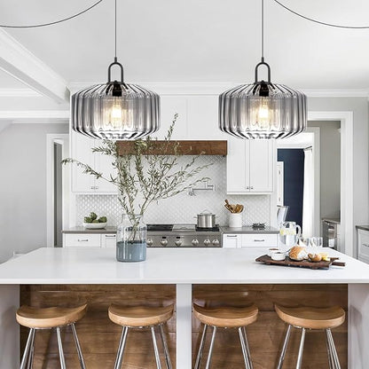 Plug in Hanging Light Gray Glass Pendant Light Fixtures with in Cord Mid Century Modern Chandelier Striped Glass Shade Farmhouse Plug in Hanging Lamp for Living Room Entryway Pantry