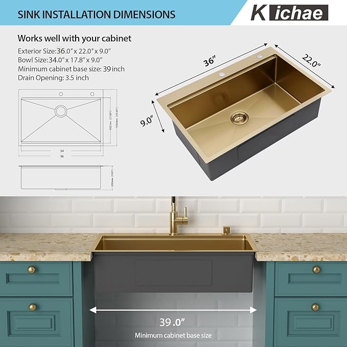 36 Inch Gold Kitchen Sink Workstation-Kichae 36x22 Drop In Kitchen Sinks 16 Gauge Stainless Steel Brushed Gold Single Bowl Large Handmade Basin with Cutting Board