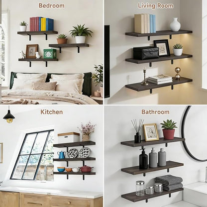 LifetimeWarranty Easy Install Wall Shelves with Brackets,15.7 Inch Wall Mounted Wood Floating Wall Shelf, Small Wall Shelf for Storage&Home Decor, Living Room,Kitchen,Office,Book Corner Shelf,Set of 3