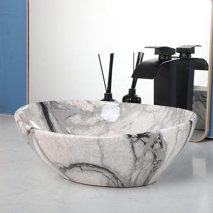 White Marbling Bathroom Vessel Sink With Black Faucet And Drain 16"x13" Oval Vessel Sink Ceramic Basin Bowl White Black Marble Bathroom Sinks Above Counter Bowl Sinks For Bathroom