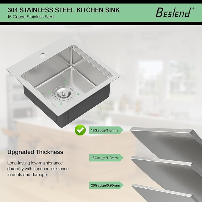 15 Inch Drop In Kitchen Sink - Beslend ADA 6 Inch Depth 15x15 Drop In Worksation Sink Topmount Stainless Steel 16 Gauge Mobility Friendly Sinks for Wheelchair Accessible Kitchen