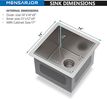 MENSARJOR Bar Sink, 14 x 14 inch Undermount Kitchen Sink, 16 Gauge Stainless Steel Sink, Handmade for Kitchen Sink, Bar Sink, or Outdoor Sink