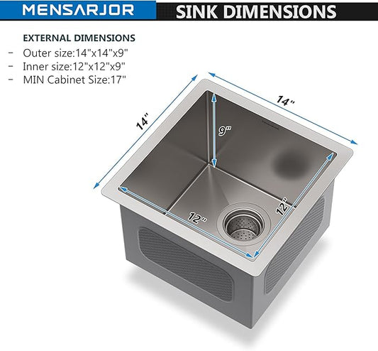 MENSARJOR Bar Sink, 14 x 14 inch Undermount Kitchen Sink, 16 Gauge Stainless Steel Sink, Handmade for Kitchen Sink, Bar Sink, or Outdoor Sink