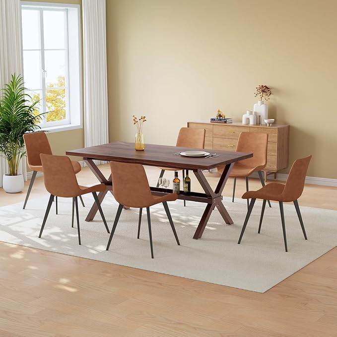 HIPIHOM 63" MDF Dining Table Set for 6 with PU Leather Chairs, Thickened Heat-Resistant Tabletop and Heavy Duty Metal Legs, Kitchen Sets Perfect for Small Spaces, Apartments