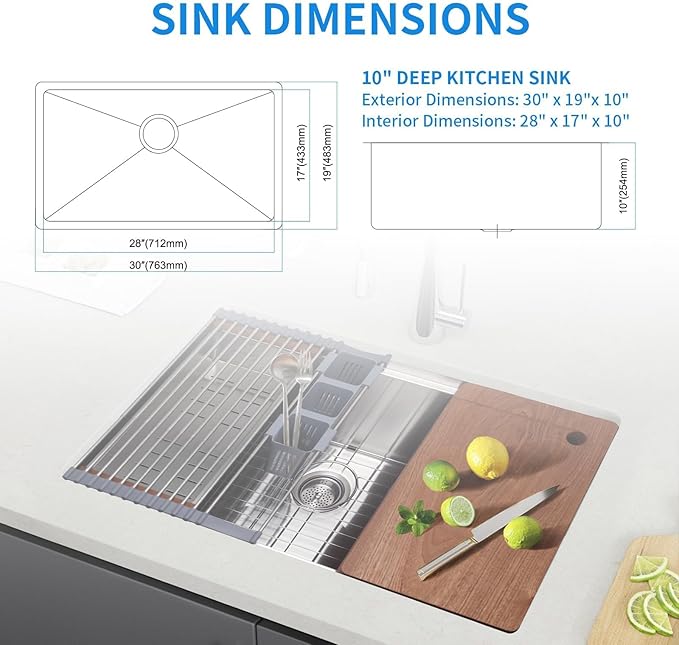SANYCASA 30 Inch Undermount Kitchen Sink Superior Drain Kitchen Sinks 11 Gauge (3mm) Stainless Steel, Single Bowl Integrated Ledge Multifunctional Workstation Set -
