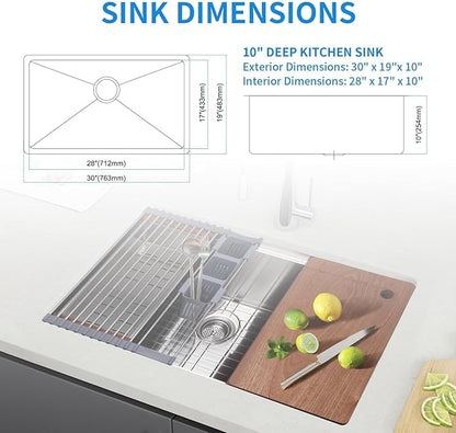 SANYCASA 30 Inch Undermount Kitchen Sink Superior Drain Kitchen Sinks 11 Gauge (3mm) Stainless Steel, Single Bowl Integrated Ledge Multifunctional Workstation Set -