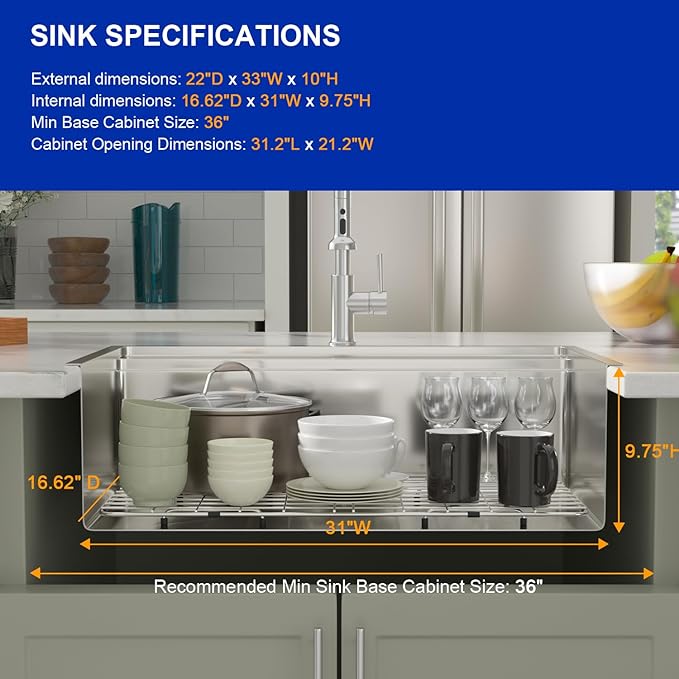 Dcolora 33x22 Drop In Kitchen Sink Splash Guard Stainless Steel Single Bowl Topmount Workstation Sinks, Round Corner 33"x22"x10", DC-T7757