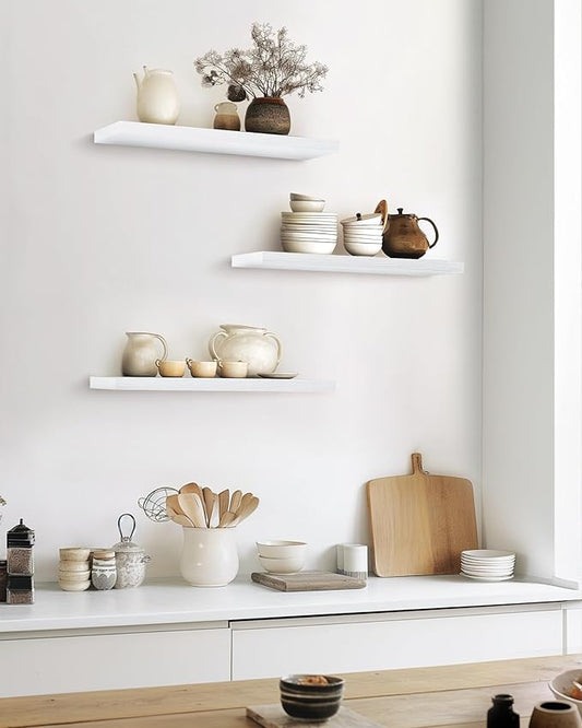 BAYKA White Floating Shelves for Wall, Set of 3, 22.5 Inches Wall Mounted Rustic Wood Shelves for Bathroom, Bedroom, Living Room or Kitchen, Hanging Shelf for Books/Storage/Decor/Display