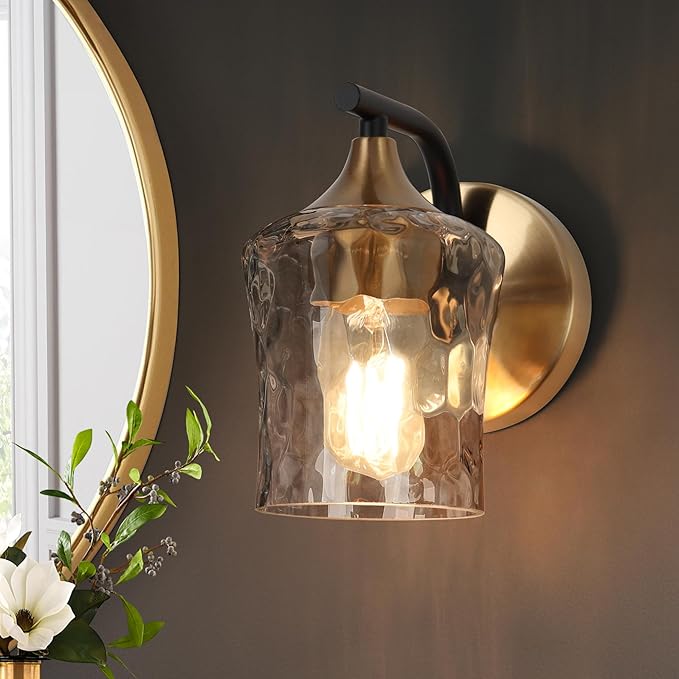 KSANA Black and Gold Sconce, Modern Wall Sconces Lighting Fixture with Textured Glass and Brass Finish for Bathroom, Bedroom, Hallway and Living Room