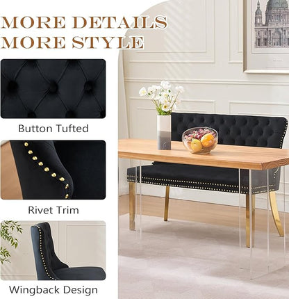 45.6in Upholstered Dining Bench, Mid-Century Modern Kitchen Room Bench with Tufted Back and Metal Legs, Velvet Small Sofa Couch Bench, Black
