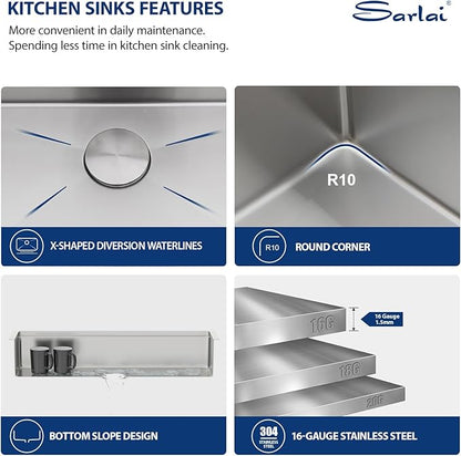 Sarlai ADA Undermount Kitchen Sink, 32 Inch Undermount Workstation Kitchen Sink 6-Inch Low Depth ADA Compliant Single Bowl 16 Gauge Stainless Steel 32x19 Inch Under Mount Handmade Sinks Basin