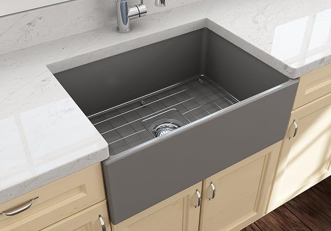 BOCCHI Contempo Farmhouse Apron Front Fireclay 27 in. Single Bowl Kitchen Sink with Protective Bottom Grid and Strainer in Matte Gray